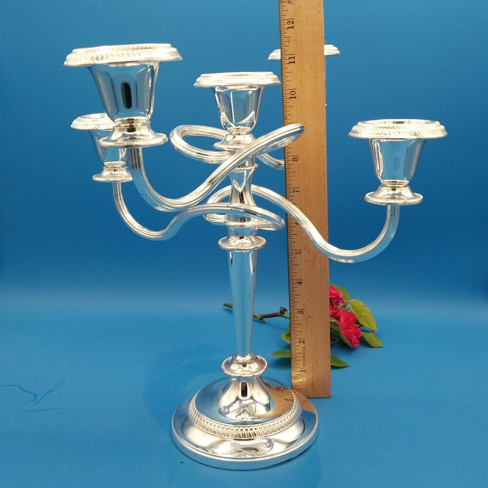 Vtg silver tone five light candelabra, candle holder - Picture 6 of 8